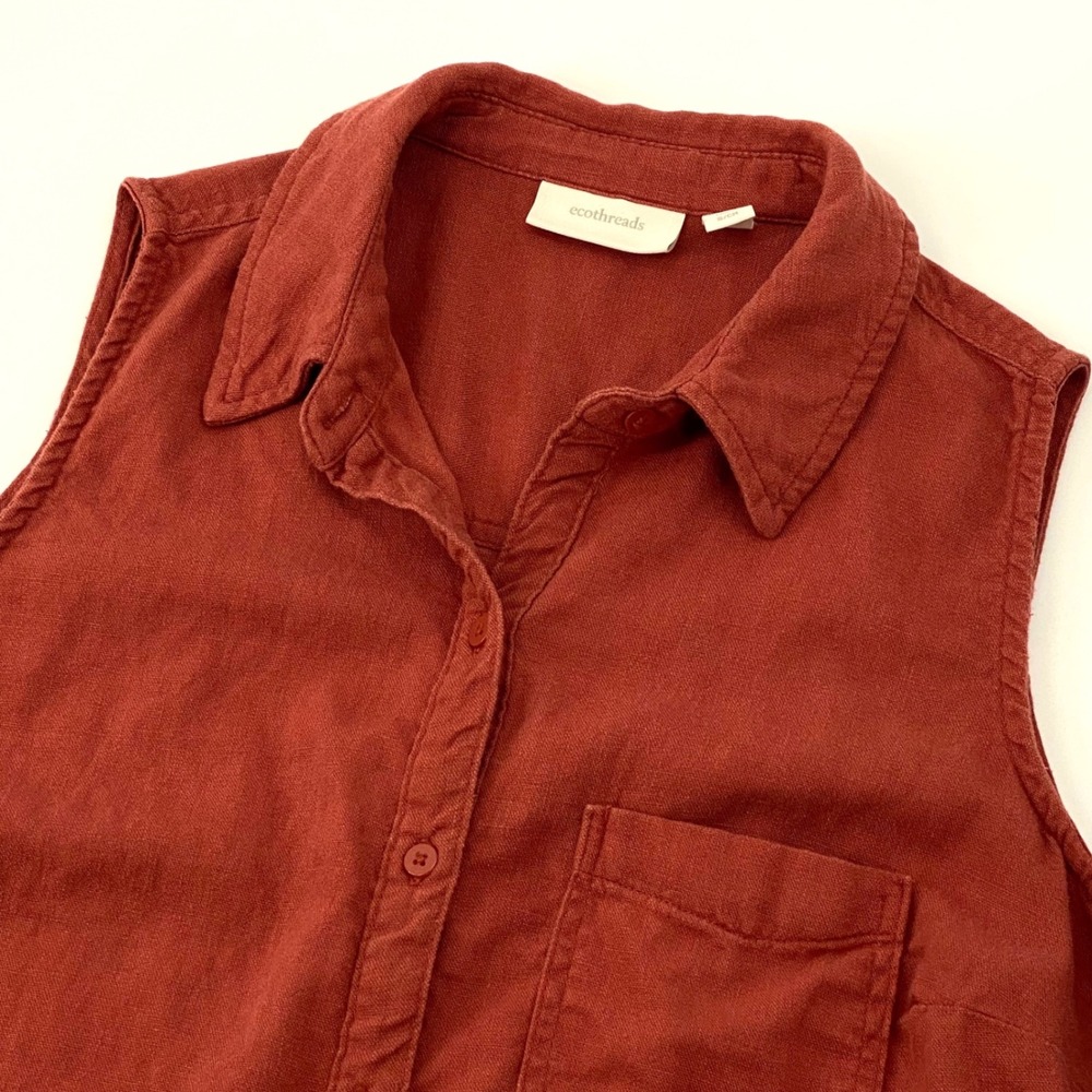 Ecothreads Women Rust Red Linen Blend Sleeveless Button Down Shirt Small